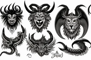 chimera, dragons wings, lions mane, crystal ball, shaman, dark, vertical, horns tattoo idea