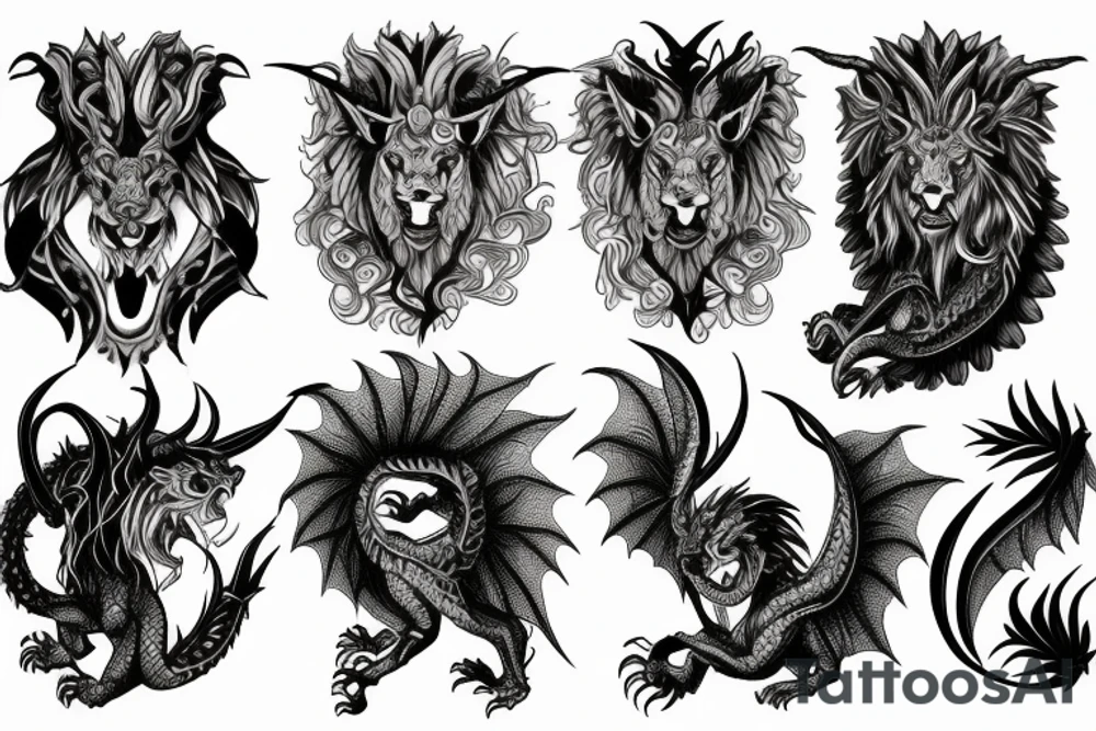 chimera, dragons wings, lions mane, crystal ball, shaman, dark, vertical, horns tattoo idea