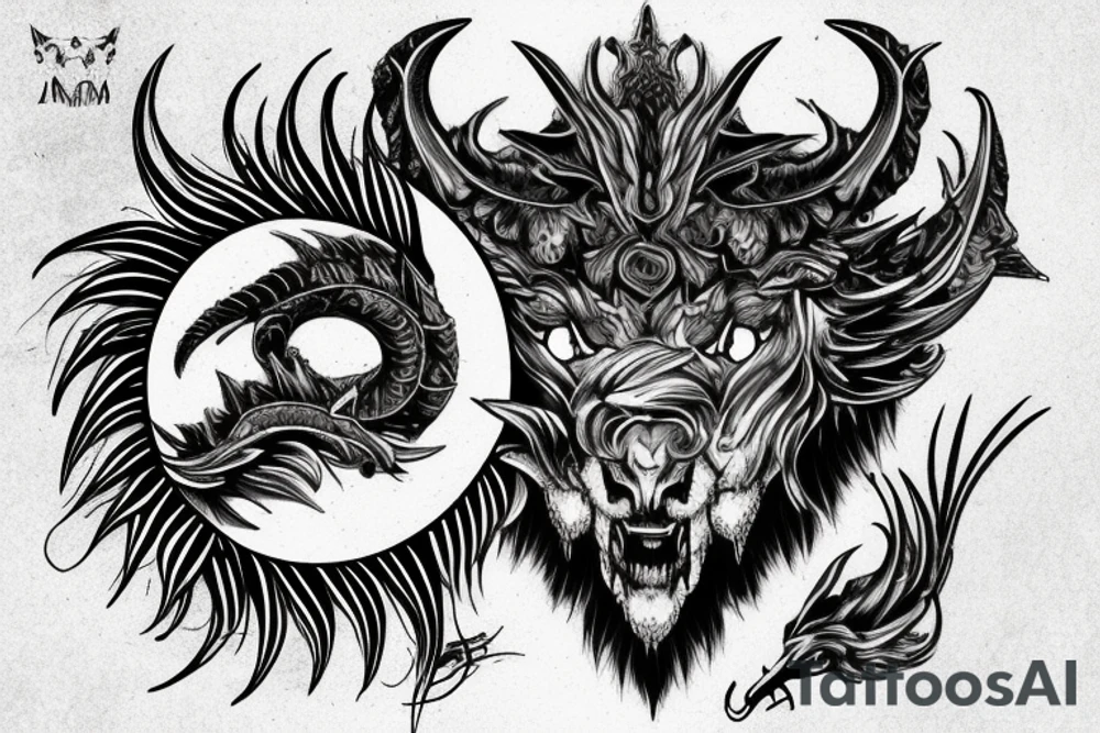 chimera, dragons wings, lions mane, crystal ball, shaman, dark, vertical, horns tattoo idea