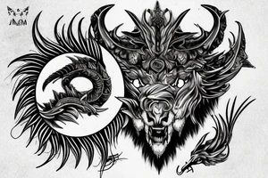 chimera, dragons wings, lions mane, crystal ball, shaman, dark, vertical, horns tattoo idea