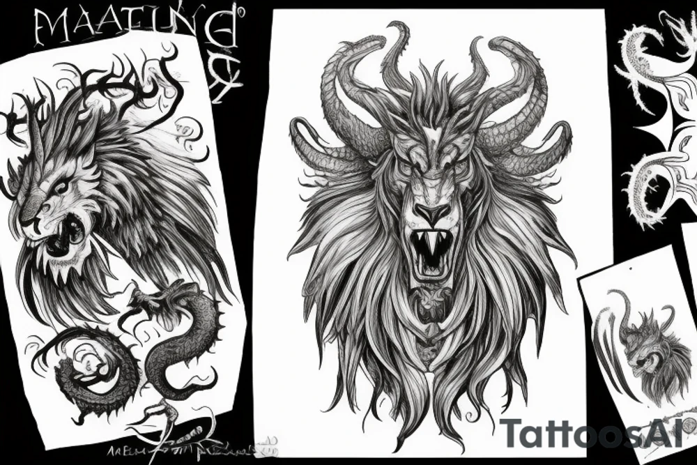 chimera, dragons wings, lions mane, crystal ball, shaman, dark, vertical, horns, dragons claws, shadow tattoo idea