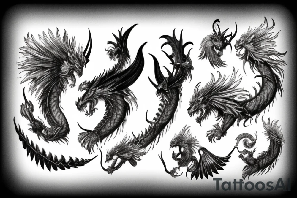 chimera, dragons wings, lions mane, crystal ball, shaman, dark, vertical, horns, dragons claws, shadow tattoo idea