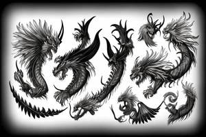 chimera, dragons wings, lions mane, crystal ball, shaman, dark, vertical, horns, dragons claws, shadow tattoo idea