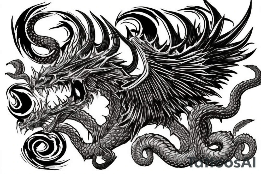 chimera, dragons wings, lions mane, crystal ball, shaman, dark, vertical, horns, dragons claws, shadow, snake tail tattoo idea