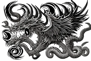 chimera, dragons wings, lions mane, crystal ball, shaman, dark, vertical, horns, dragons claws, shadow, snake tail tattoo idea