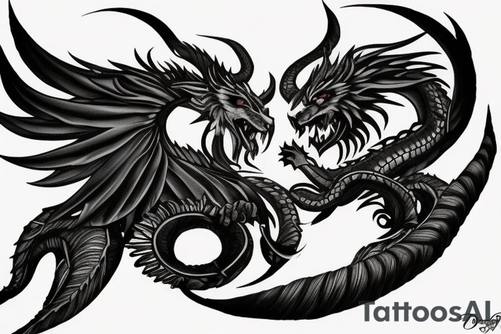 chimera, dragons wings, lions mane, crystal ball, shaman, dark, vertical, horns, dragons claws, shadow, snake tail tattoo idea