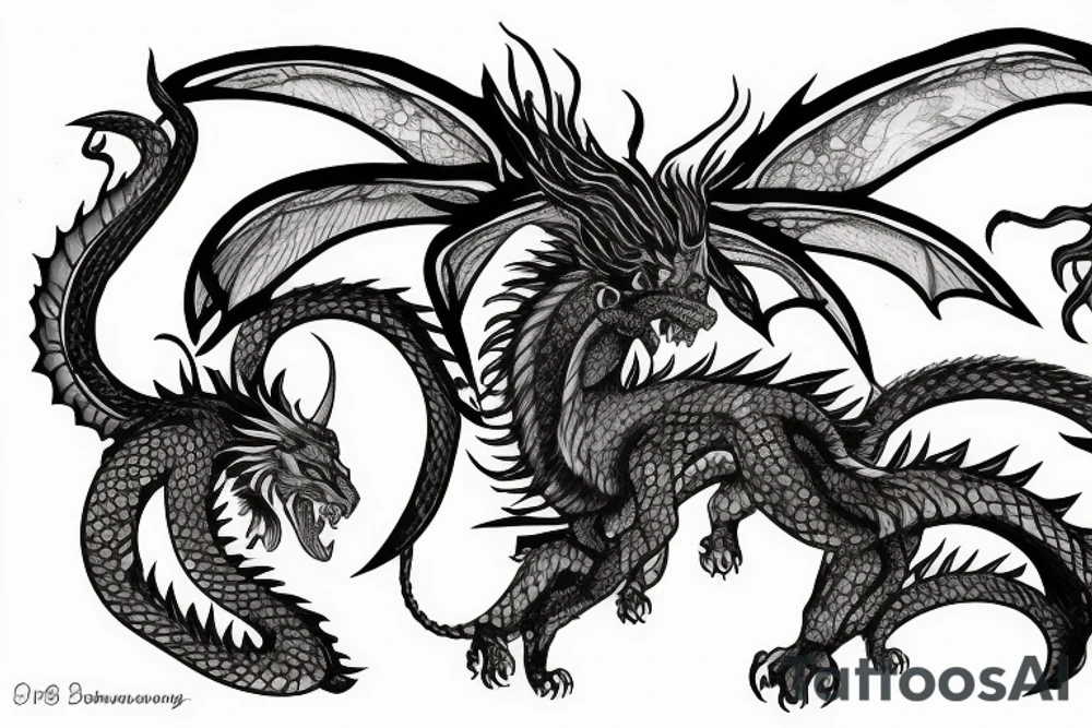 chimera, dragons wings, lions mane, crystal ball, shaman, dark, vertical, horns, dragons claws, shadow, snake tail, trippy, abstract negative space tattoo idea