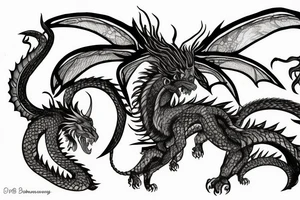 chimera, dragons wings, lions mane, crystal ball, shaman, dark, vertical, horns, dragons claws, shadow, snake tail, trippy, abstract negative space tattoo idea