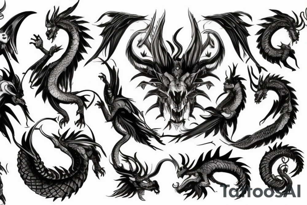 chimera, dragons wings, lions mane, crystal ball, shaman, dark, vertical, horns, dragons claws, shadow, snake tail, trippy, abstract negative space tattoo idea
