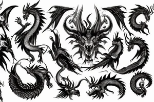 chimera, dragons wings, lions mane, crystal ball, shaman, dark, vertical, horns, dragons claws, shadow, snake tail, trippy, abstract negative space tattoo idea