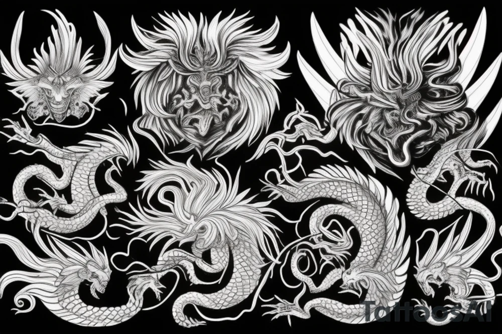 chimera, dragons wings, lions mane, crystal ball, shaman, dark, vertical, horns, dragons claws, shadow, snake tail, trippy, abstract negative space tattoo idea