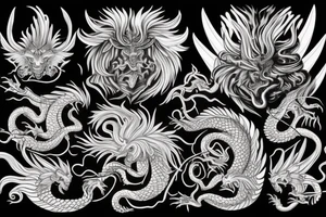 chimera, dragons wings, lions mane, crystal ball, shaman, dark, vertical, horns, dragons claws, shadow, snake tail, trippy, abstract negative space tattoo idea