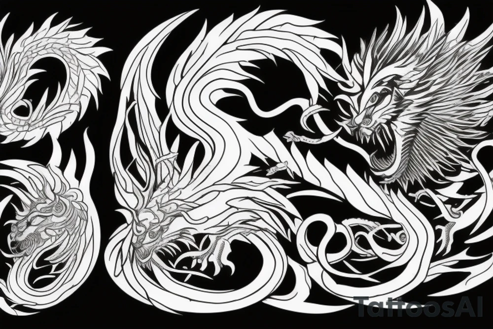 chimera, dragons wings, lions mane, crystal ball, shaman, dark, vertical, horns, dragons claws, shadow, snake tail, trippy, abstract negative space tattoo idea