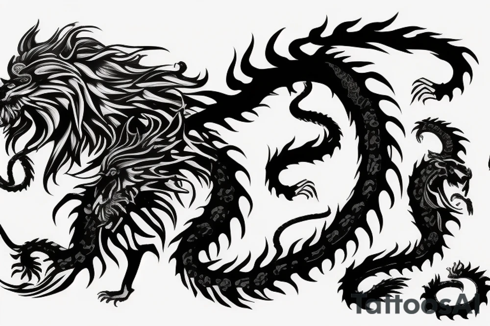 chimera, dragons wings, lions mane, crystal ball, shaman, dark, vertical, horns, dragons claws, shadow, snake tail, trippy, abstract negative space tattoo idea
