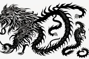 chimera, dragons wings, lions mane, crystal ball, shaman, dark, vertical, horns, dragons claws, shadow, snake tail, trippy, abstract negative space tattoo idea