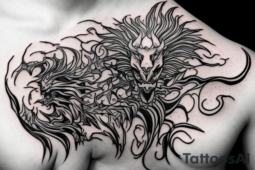chimera, dragons wings, lions mane, crystal ball, shaman, dark, vertical, horns, dragons claws, shadow, snake tail, trippy, abstract negative space tattoo idea