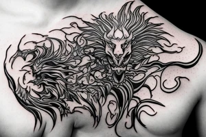 chimera, dragons wings, lions mane, crystal ball, shaman, dark, vertical, horns, dragons claws, shadow, snake tail, trippy, abstract negative space tattoo idea