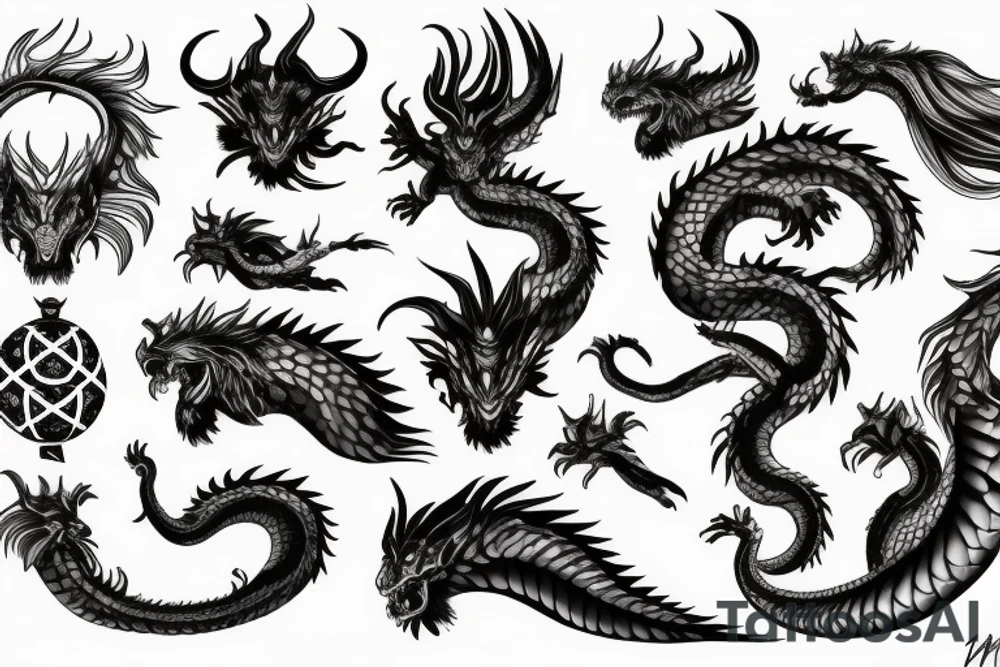 chimera, dragons wings, lions mane, crystal ball, shaman, dark, vertical, horns, dragons claws, shadow, snake tail, trippy, abstract negative space tattoo idea