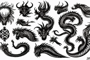 chimera, dragons wings, lions mane, crystal ball, shaman, dark, vertical, horns, dragons claws, shadow, snake tail, trippy, abstract negative space tattoo idea
