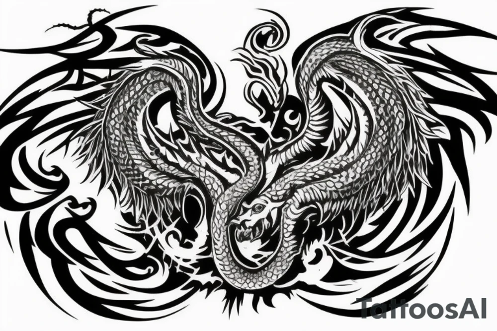 chimera, dragons wings, lions mane, crystal ball, shaman, dark, vertical, horns, dragons claws, shadow, snake tail, trippy, abstract negative space tattoo idea