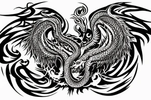 chimera, dragons wings, lions mane, crystal ball, shaman, dark, vertical, horns, dragons claws, shadow, snake tail, trippy, abstract negative space tattoo idea