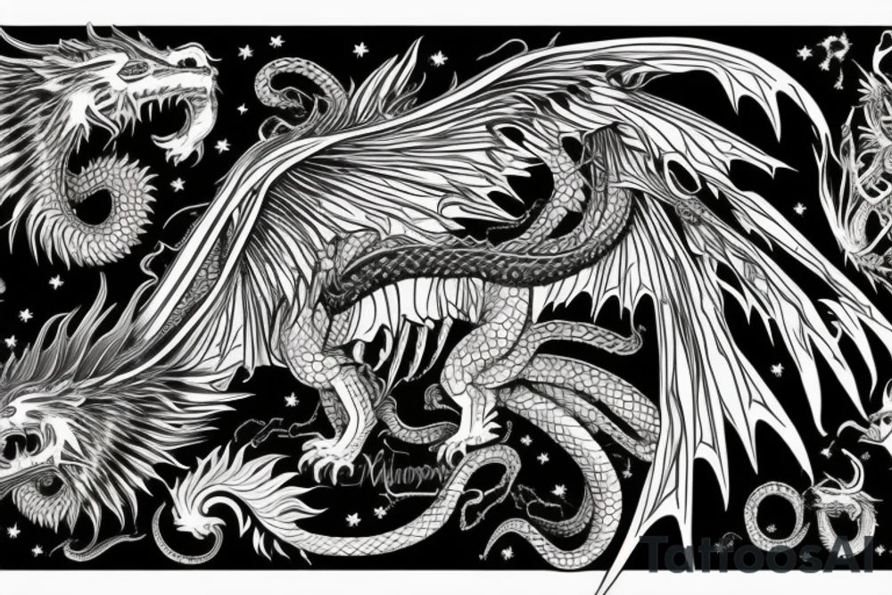 chimera, dragons wings, lions mane, crystal ball, shaman, dark, vertical, horns, dragons claws, shadow, snake tail, trippy, abstract negative space tattoo idea