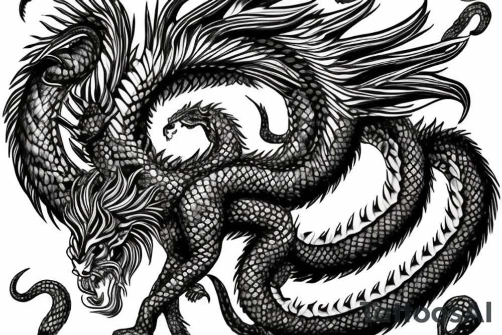 chimera, dragons wings, lions mane, crystal ball, shaman, dark, vertical, horns, dragons claws, shadow, snake tail, trippy tattoo idea