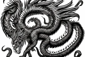 chimera, dragons wings, lions mane, crystal ball, shaman, dark, vertical, horns, dragons claws, shadow, snake tail, trippy tattoo idea
