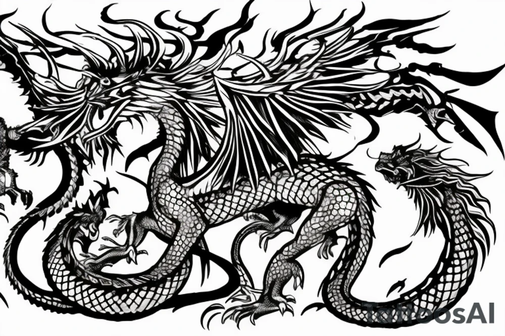 chimera, dragons wings, lions mane, crystal ball, shaman, dark, vertical, horns, dragons claws, shadow, snake tail, trippy tattoo idea