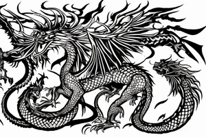 chimera, dragons wings, lions mane, crystal ball, shaman, dark, vertical, horns, dragons claws, shadow, snake tail, trippy tattoo idea