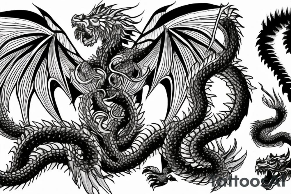 chimera, dragons wings, lions mane, crystal ball, shaman, dark, vertical, horns, dragons claws, shadow, snake tail, trippy tattoo idea