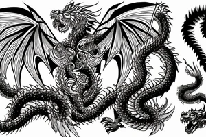 chimera, dragons wings, lions mane, crystal ball, shaman, dark, vertical, horns, dragons claws, shadow, snake tail, trippy tattoo idea