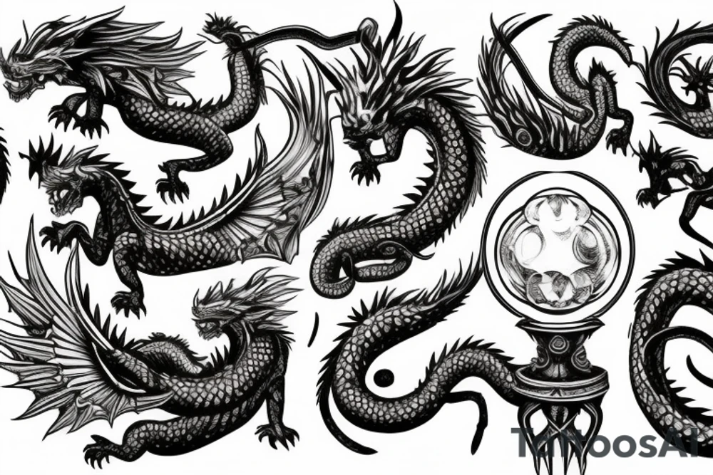 chimera, dragons wings, lions mane, crystal ball, shaman, dark, vertical, horns, dragons claws, shadow, snake tail, trippy tattoo idea