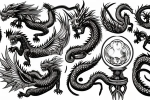 chimera, dragons wings, lions mane, crystal ball, shaman, dark, vertical, horns, dragons claws, shadow, snake tail, trippy tattoo idea