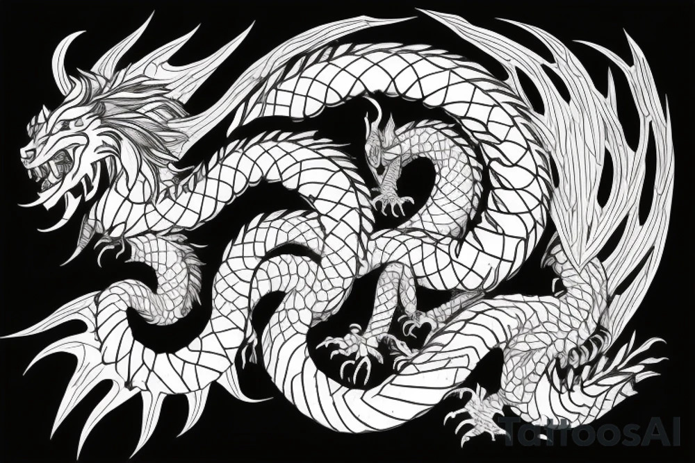chimera, dragons wings, lions mane, crystal ball, shaman, dark, vertical, horns, dragons claws, shadow, snake tail, trippy tattoo idea