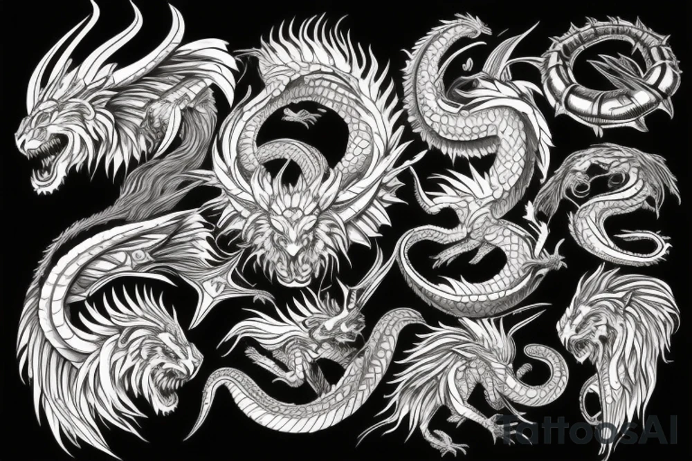 chimera, dragons wings, lions mane, crystal ball, shaman, dark, vertical, horns, dragons claws, shadow, snake tail, trippy tattoo idea