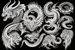 chimera, dragons wings, lions mane, crystal ball, shaman, dark, vertical, horns, dragons claws, shadow, snake tail, trippy tattoo idea
