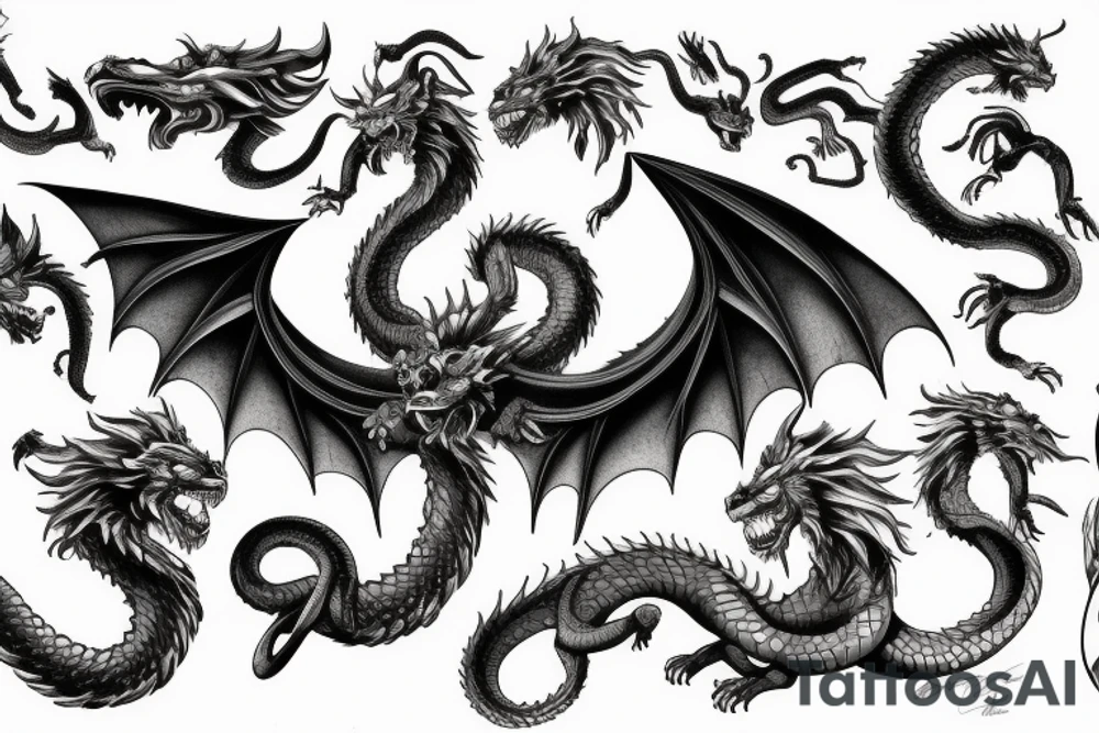 chimera, dragons wings, lions mane, crystal ball, shaman, dark, vertical, horns, dragons claws, shadow, snake tail, trippy tattoo idea