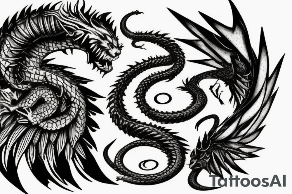 chimera, dragons wings, lions mane, crystal ball, shaman, dark, vertical, horns, dragons claws, shadow, snake tail, trippy tattoo idea