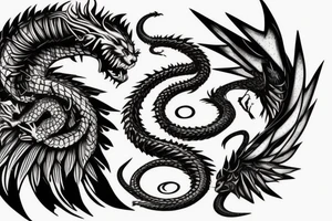 chimera, dragons wings, lions mane, crystal ball, shaman, dark, vertical, horns, dragons claws, shadow, snake tail, trippy tattoo idea