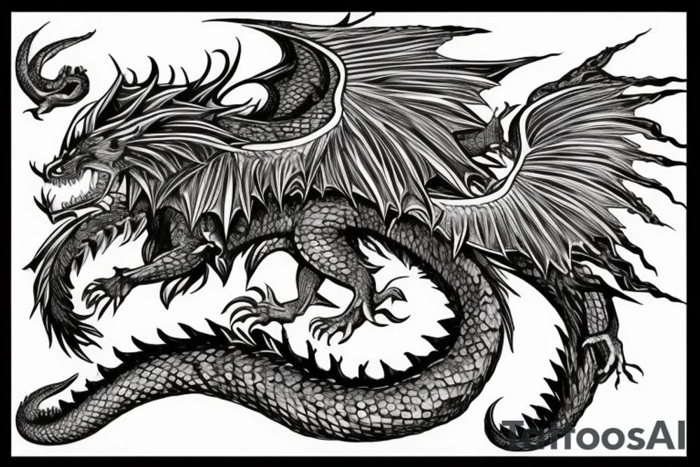 chimera, dragons wings, lions mane, crystal ball, shaman, dark, vertical, horns, dragons claws, shadow, snake tail, trippy tattoo idea