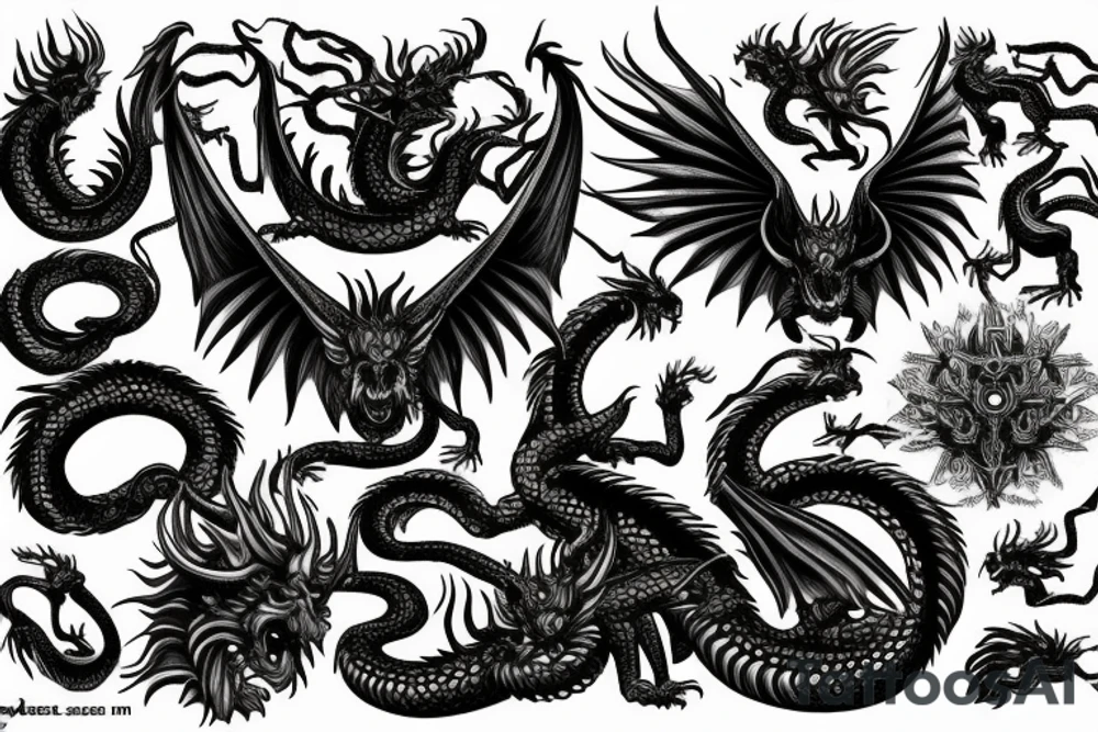chimera, dragons wings, lions mane, crystal ball, shaman, dark, vertical, horns, dragons claws, shadow, snake tail, trippy tattoo idea
