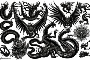 chimera, dragons wings, lions mane, crystal ball, shaman, dark, vertical, horns, dragons claws, shadow, snake tail, trippy tattoo idea