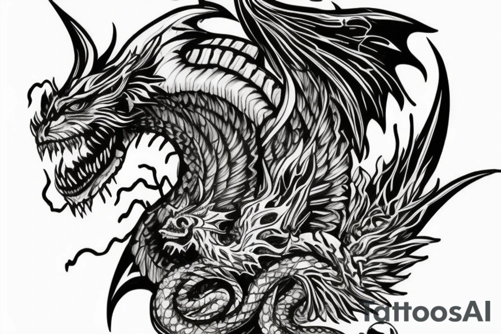 chimera, dragons wings, lions mane, crystal ball, shaman, dark, vertical, horns, dragons claws, shadow, snake tail, trippy, shoulder sleeve tattoo idea