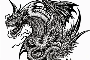 chimera, dragons wings, lions mane, crystal ball, shaman, dark, vertical, horns, dragons claws, shadow, snake tail, trippy, shoulder sleeve tattoo idea