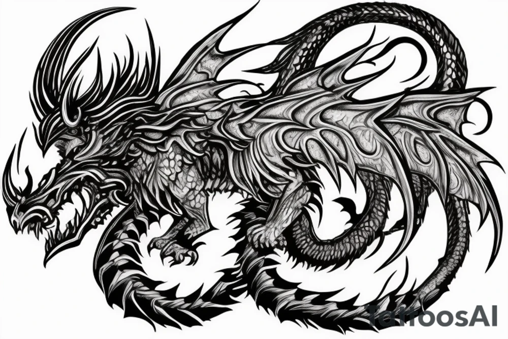 chimera, dragons wings, lions mane, crystal ball, shaman, dark, vertical, horns, dragons claws, shadow, snake tail, trippy, shoulder sleeve tattoo idea