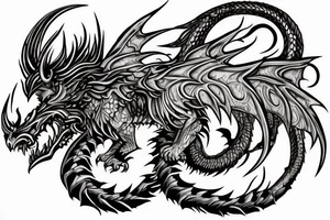 chimera, dragons wings, lions mane, crystal ball, shaman, dark, vertical, horns, dragons claws, shadow, snake tail, trippy, shoulder sleeve tattoo idea