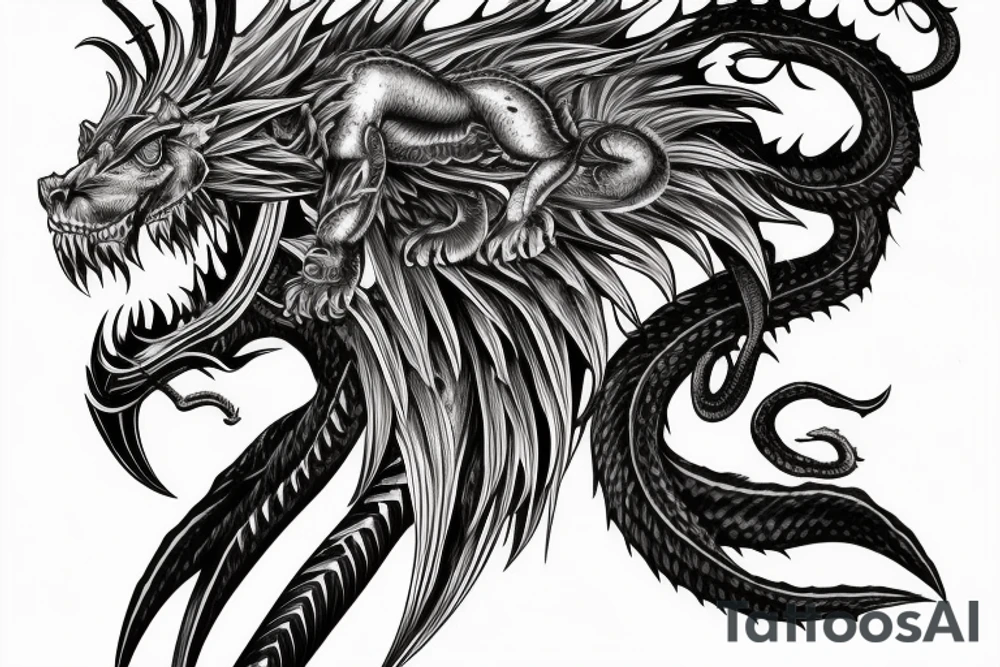 chimera, dragons wings, lions mane, crystal ball, shaman, dark, vertical, horns, dragons claws, shadow, snake tail, trippy, shoulder sleeve tattoo idea