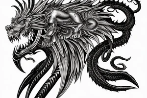 chimera, dragons wings, lions mane, crystal ball, shaman, dark, vertical, horns, dragons claws, shadow, snake tail, trippy, shoulder sleeve tattoo idea