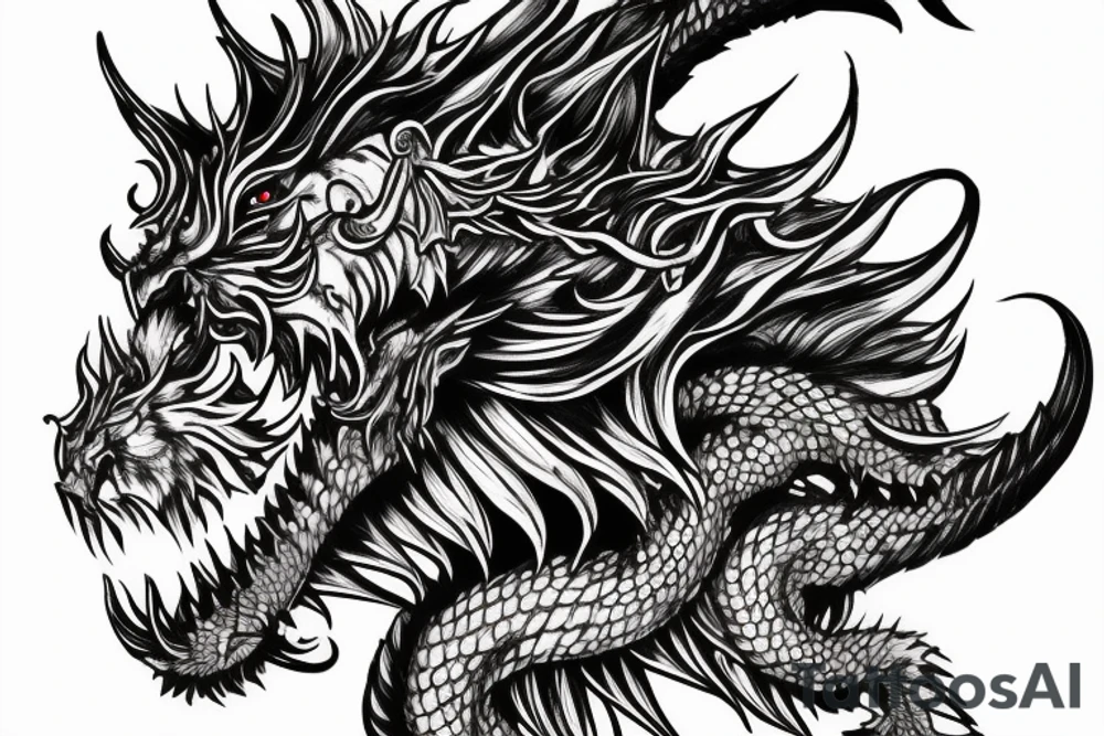 chimera, dragons wings, lions mane, crystal ball, shaman, dark, vertical, horns, dragons claws, shadow, snake tail, trippy, shoulder sleeve tattoo idea
